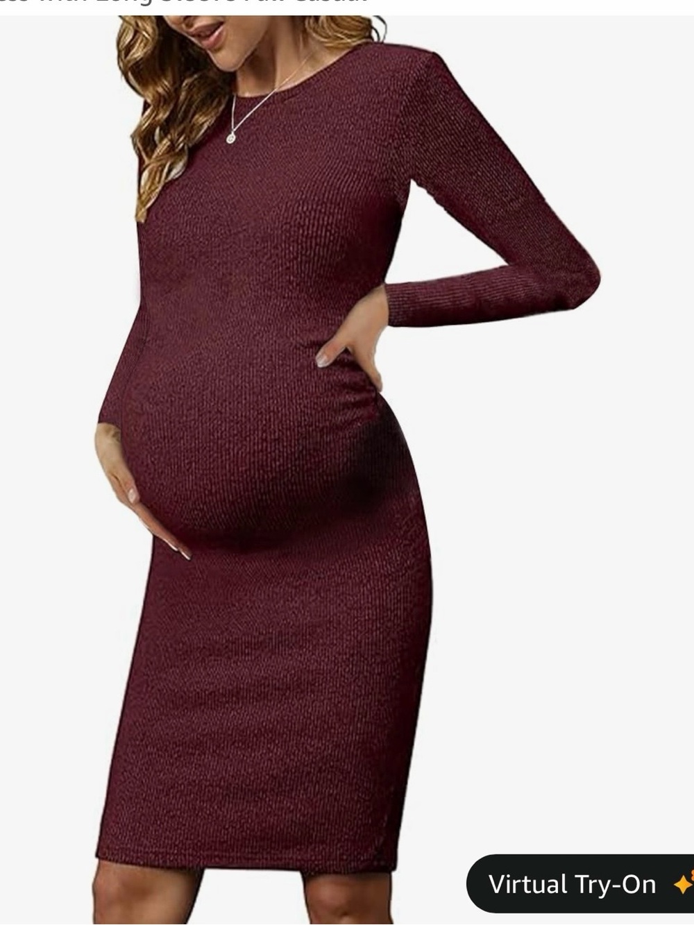 Side Ruch Knit Ribbed Maternity Bodycon Dress/Knee Length Dress with Long Sleeve